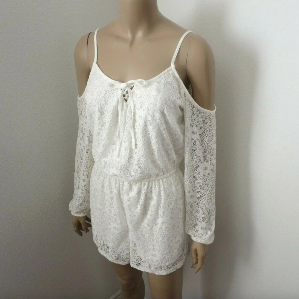 NWT Hollister Womens Cold Shoulder Lace Romper Size XS White Long Sleeve - Picture 2 of 5
